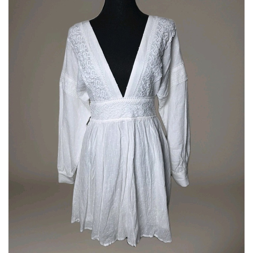White Swiss Dot‎ Graduation Boho Mini Dress S Deep V Tassel  Bridal Bachelorette